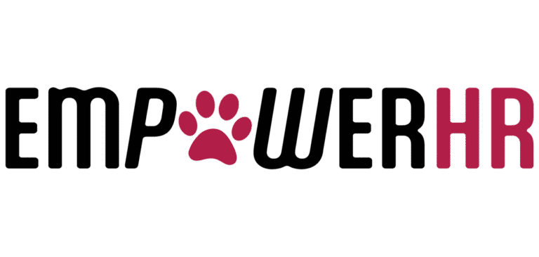 EmPawerHR logo in black and burgundy with paw print for letter A