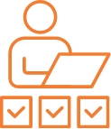 Orange icon of figure at laptop with three check marked boxes below.