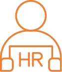 Orange icon of profile holding sign reading HR, representing Human Resources.