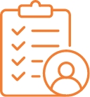 Orange icon of clipboard with checkmarks and profile icon in circle.