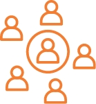 Five orange profile icons encircling one circled profile icon.