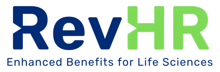 RevHR embanced benefits for life sciences logo in blue and lime green