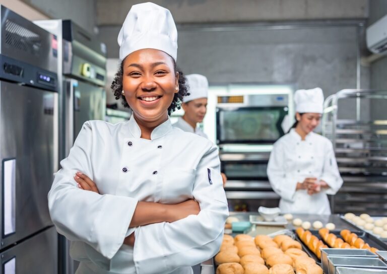 female chef looking at the camera while other chefs are in the background prepare meals