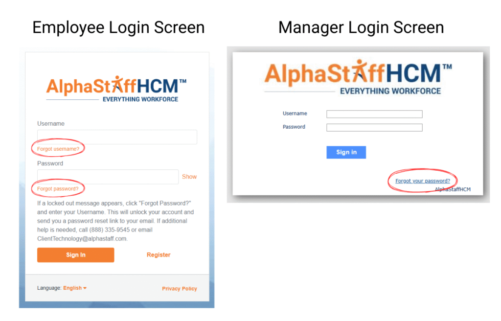 Employee and Manager Login Screenshots with circles around forgot username and forgot password phrases.