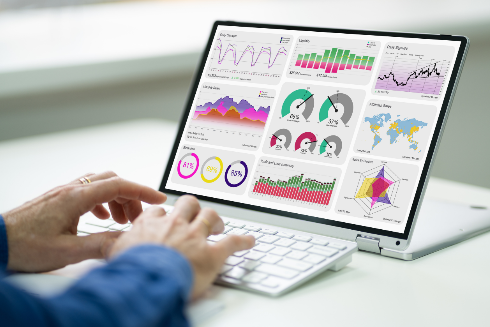 Photo of a laptop with analytics information showing on the screen