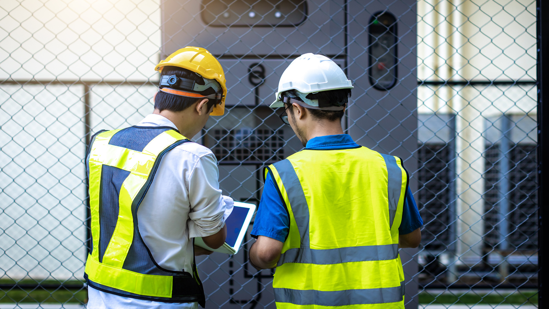 Two male employees facing away from the camera wearing hard hats and yellow vests
