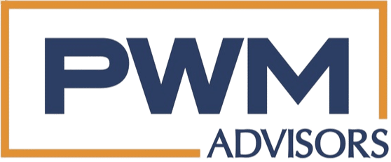 blue and gold logo with PWM in the center of a rectangle box and Advisors completing the rectangle in the lower right hand corner. Logo is for PWM Advisors