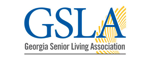 GSLA logo with GSLA in big blue letters with "Georgia Senior Living Association" beneath it in gray letters. There is gold curved lines behind the A on the right hand side of the logo.