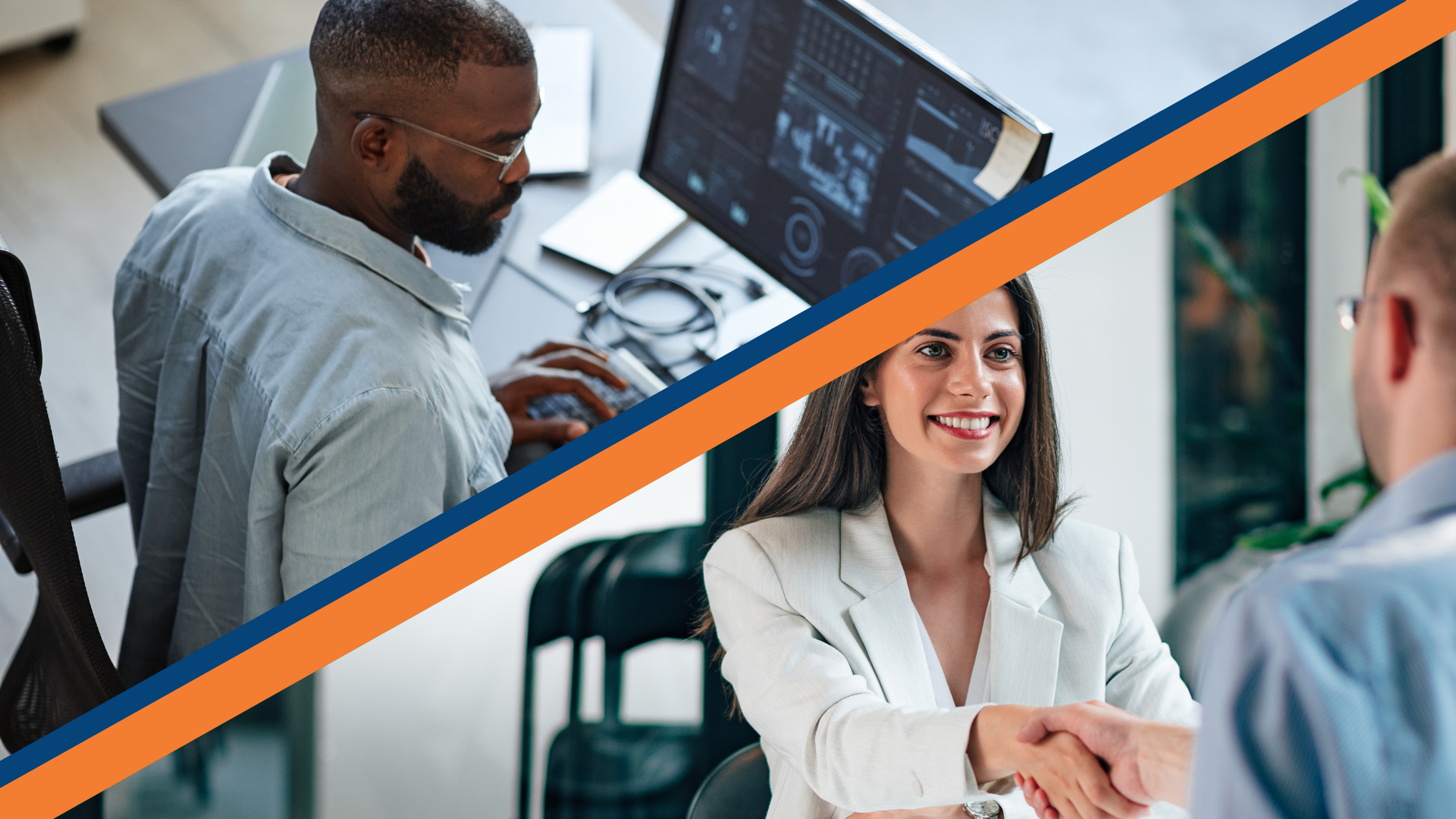 Image divided with the top image being a man working on a desktop and the bottom image being a photo of a woman and a man shaking hands in what appears to be a business deal.
